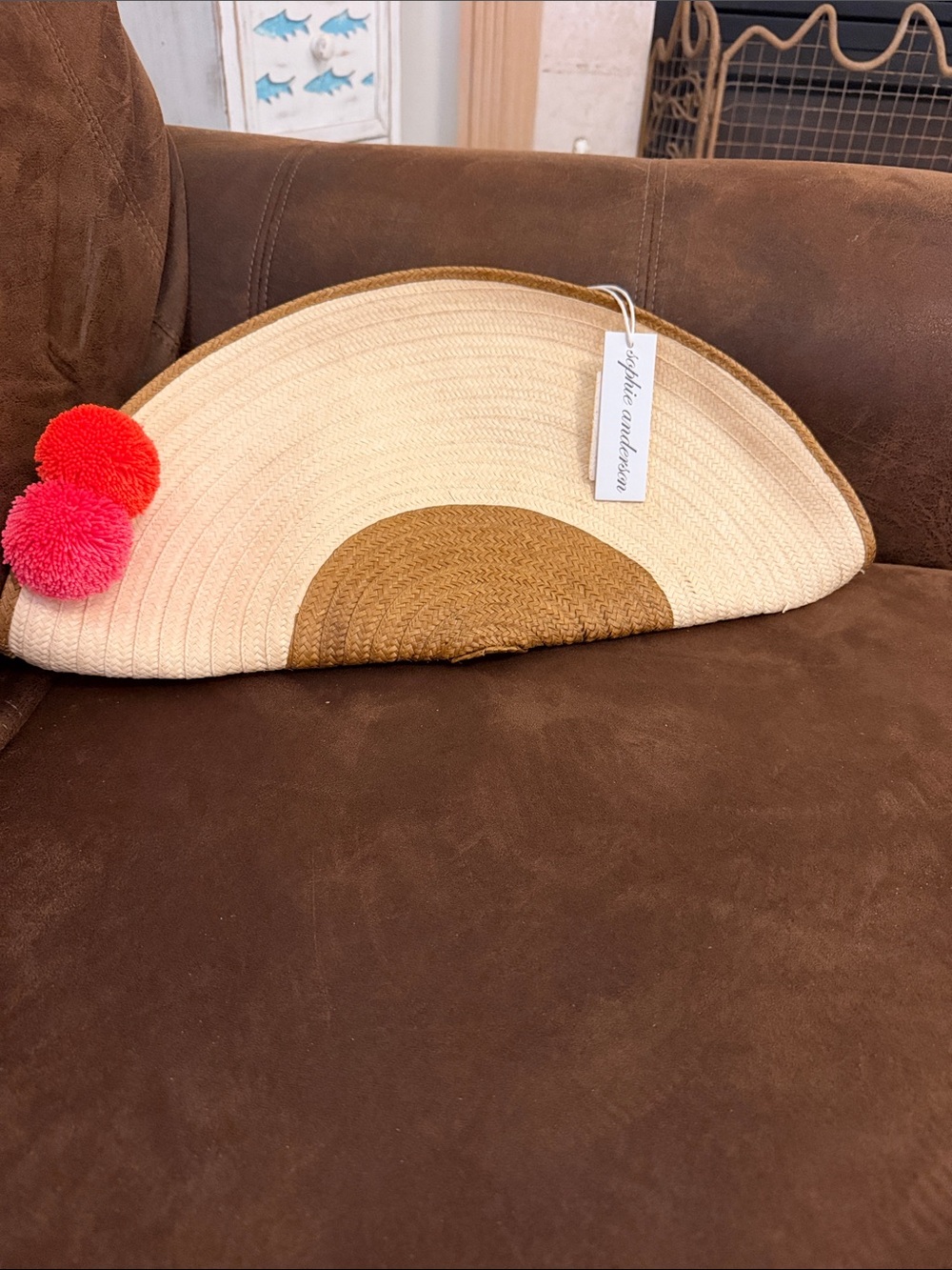 Sophie Anderson Raffia Half Moon Alicia  Pom Pom Clutch